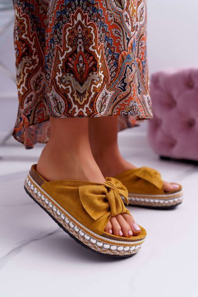 Klapki Damskie Z Kokardami Gruba Podeszwa Żółte Milady