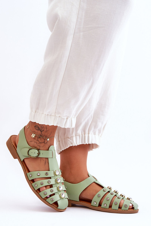 Sandały Damskie Płaskie Cyrkonie Zielone Ascot G-13