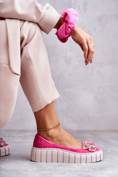 Suede Ballerinas On A Platform With A Ornament Fuchsia Ladette