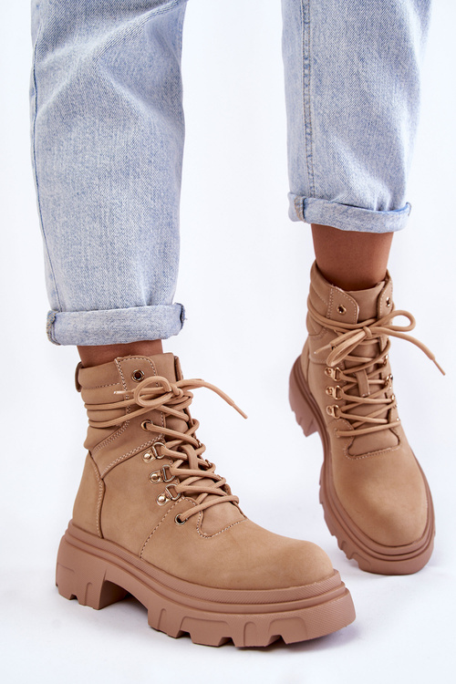 Leather Warm Lace-up Boots Beige Merisha