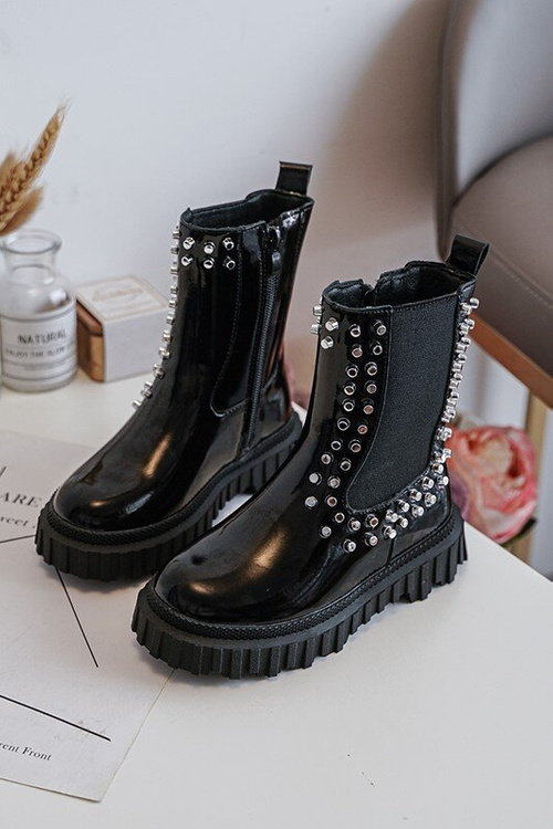 Girls' Shiny Ankle Boots Decorated with Rhinestones Black Adelie