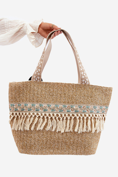 Woven Large Beach Bag with Tassels Light Brown Missalori