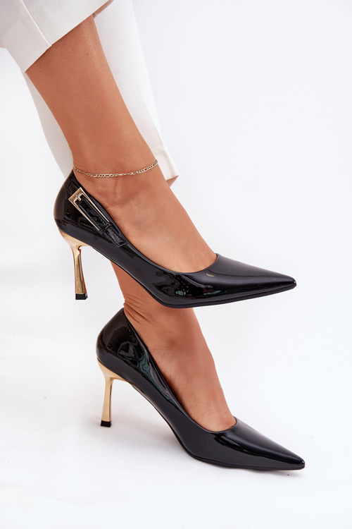 Lacquered Stiletto Heels With Golden Buckle Black Mivira