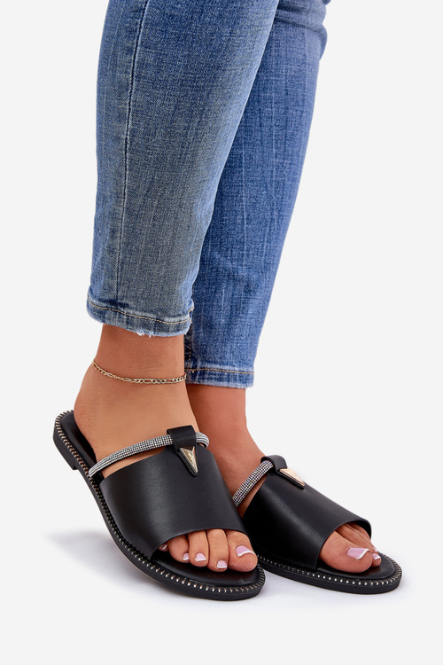 Eco Leather Slippers On Flat Heel With Decorative Strap Black Hirtewi