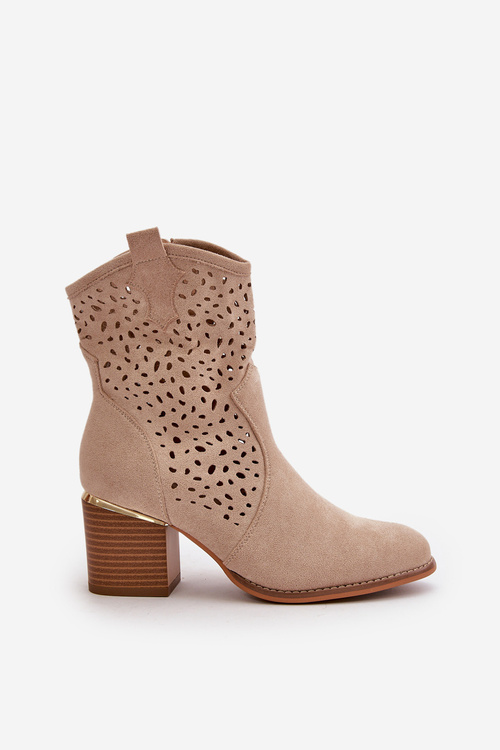 Botki Z Eko Zamszu Zapinane Na Zamek Ażurowe Na Słupku Beżowe Sevana