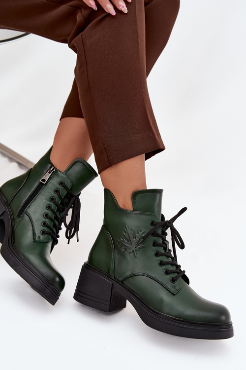 Women's Leather Block Heeled Boots with Lining Vinceza 39950 Dark Green