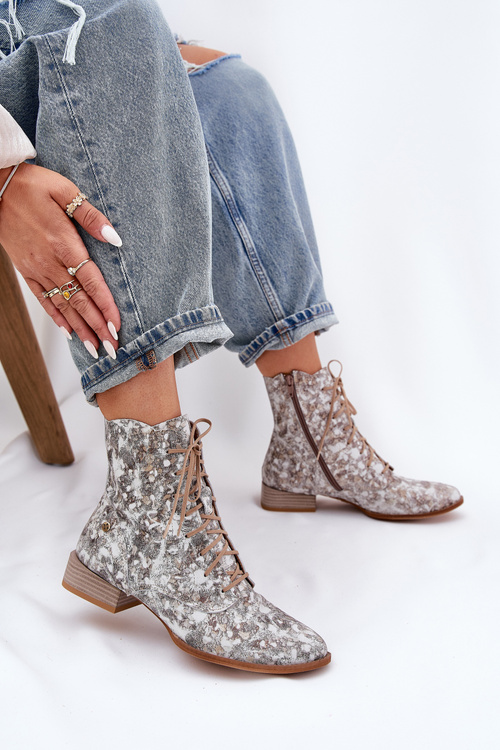 Leather Patterned Ankle Boots With Flat Heel Maciejka 06391-25 Beige