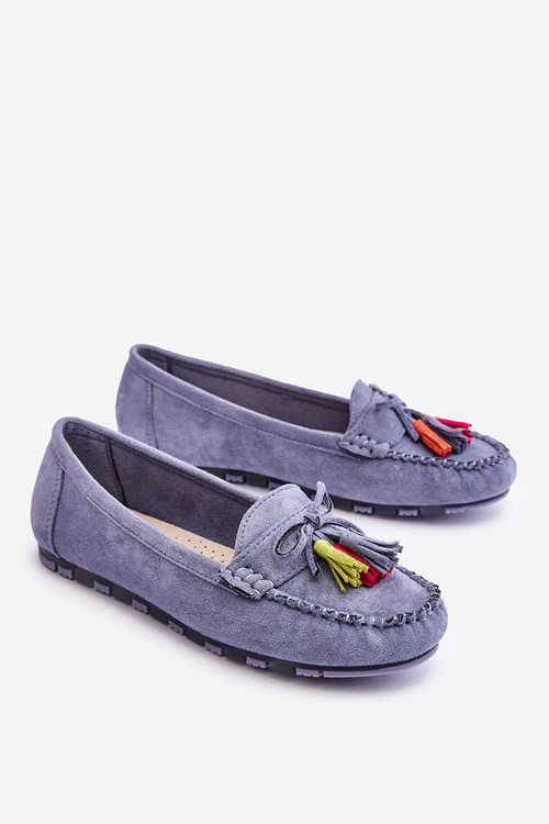 Suede Loafers With Bow And Fringes Blue Dorine