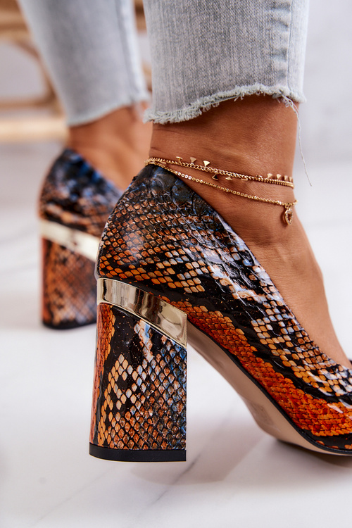 Czółenka Skórzane Wężowe Pomarańczowo-Brązowe Lewski 3117