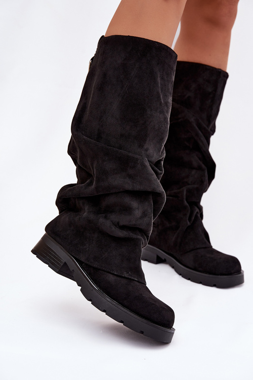Women Ankle Boots Insulated Slip On With Wrinkled Shaft Black Ilvessa