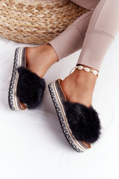 Platform Slippers With Eco Fur Black Adventure