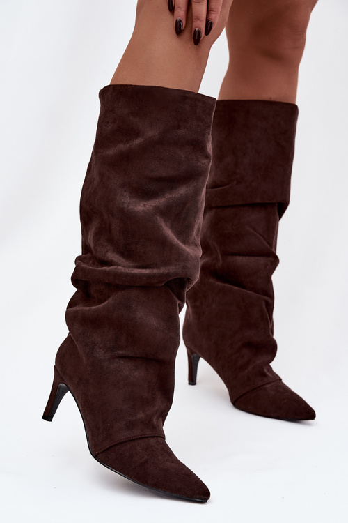 Wrinkled High Heel Boots Made of Eco Suede Insulated Chocolate Mavella