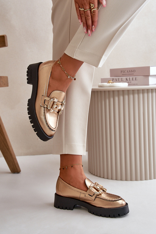 Mokasyny Półbuty Damskie Skóra Ozdoba Złote CheBello 4369