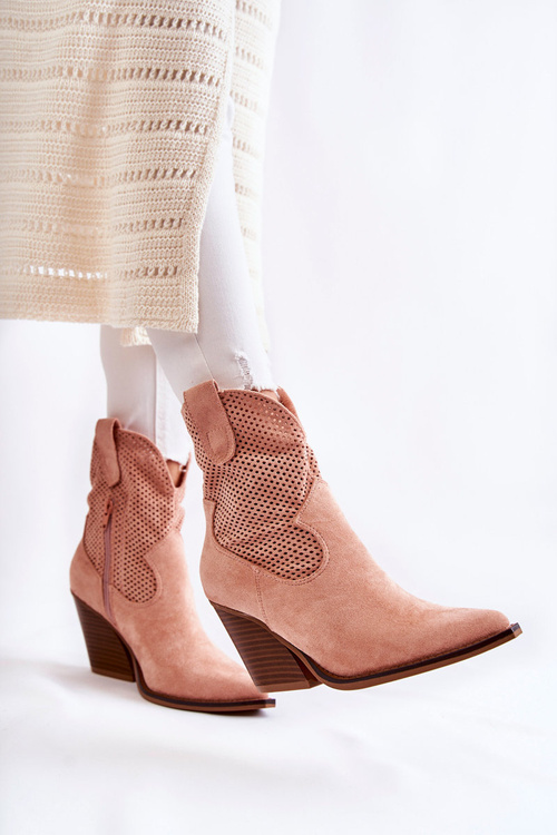 Botki Kowbojki Damskie Zamsz Ażurowe Różowe Eleonore