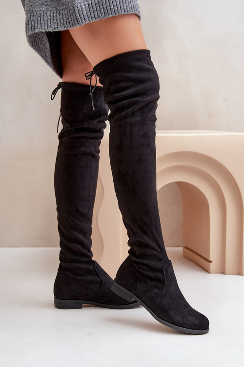 Knee High Flat Heel Boots Made Of Eco Suede Black Linnithia