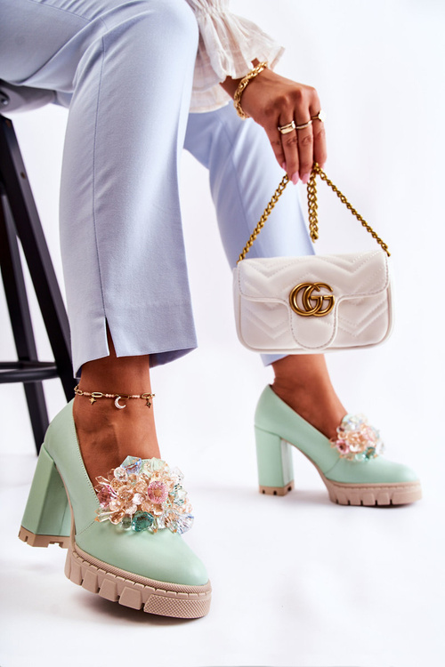 Elegant Pumps With Ornament Smooth Green Caterine