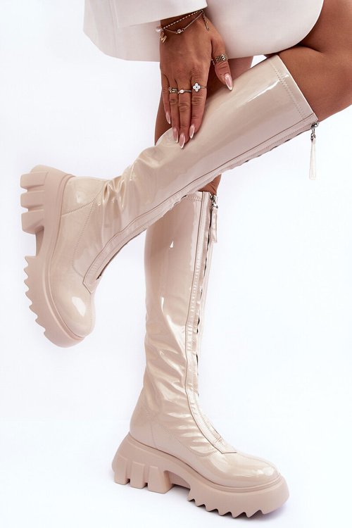 Lace-up Platform Boots with Glossy Finish Beige Ringo