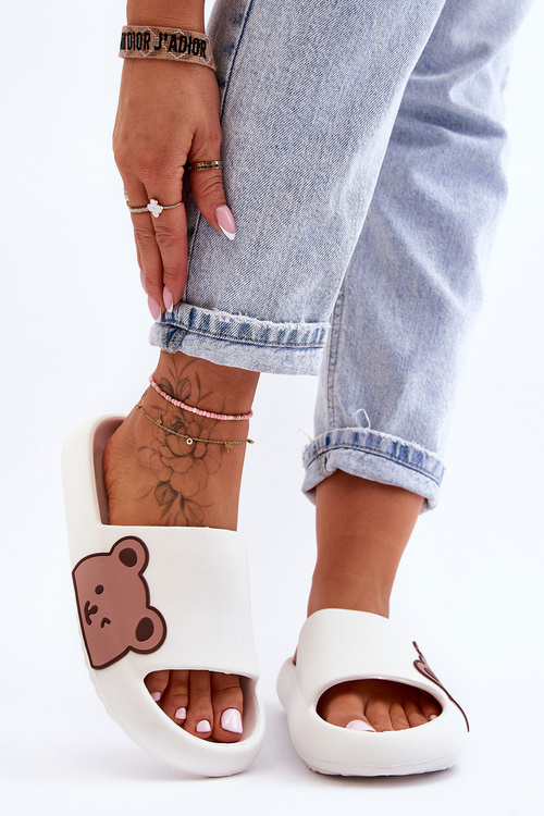 Women's Light Foam Slippers Bear Motif White Parisso