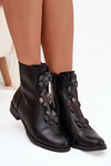 Insulated women's ankle boots with flat heel decorated with flowers black Pravienne