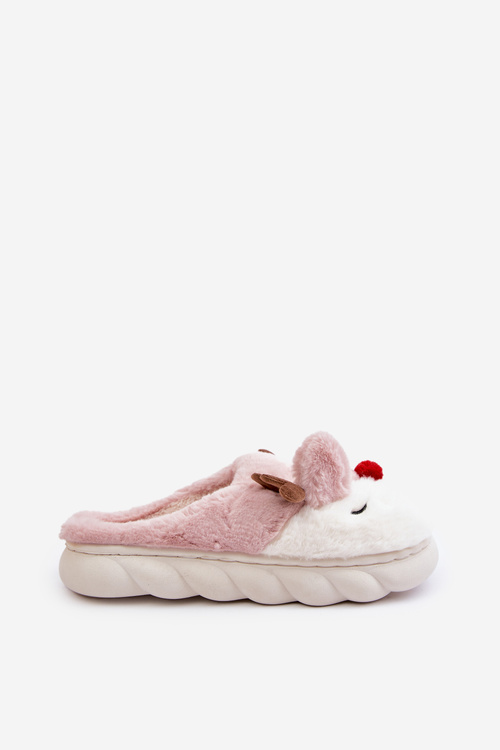 Faux Fur Women Slippers With Reindeer Pattern Pink Wistira
