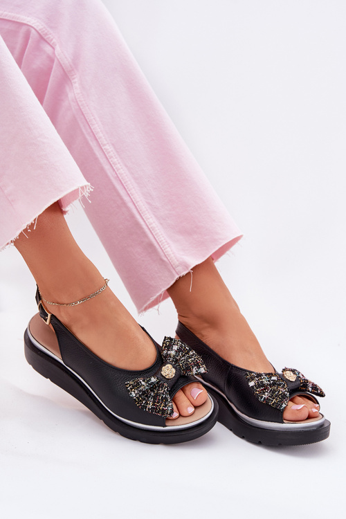 Women's leather wedge sandals with bow Zazoo 1882 black