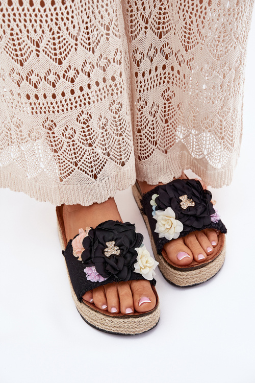 Women's Sandals With Flowers Platform With Braiding Black Zenvanis
