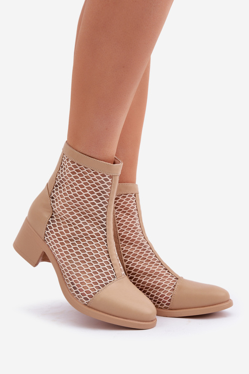 Damskie Siateczkowe Botki Na Obcasie Beżowe Lithyia