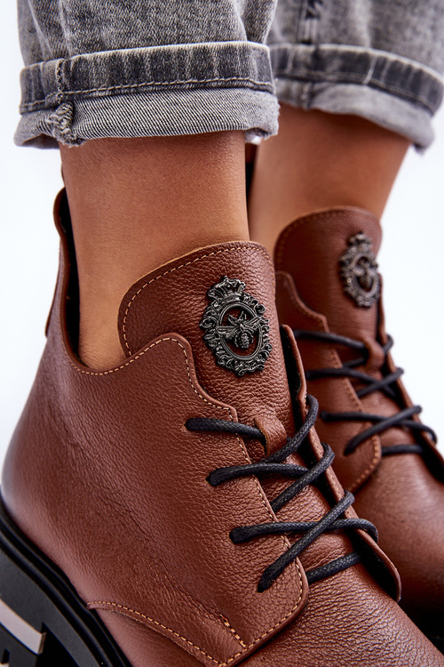 Botki Damskie Skóra Płaski Obcas Brązowe Lemar Charline 60309