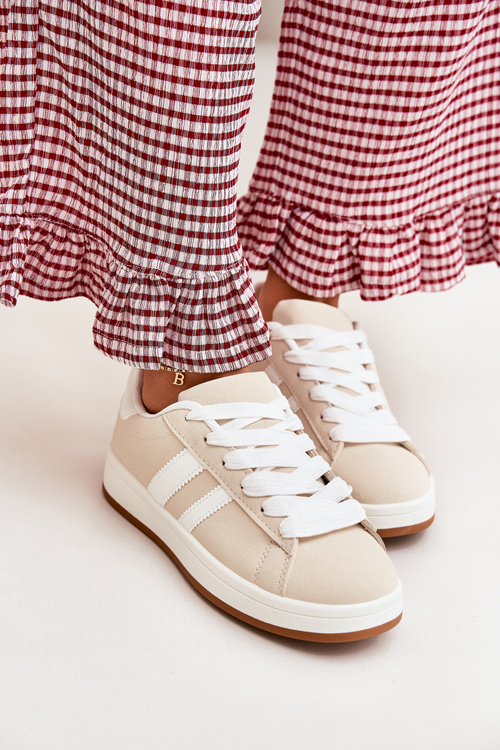 Eko Skórzane Sneakersy Buty Sportowe Damskie Beżowe Ravina