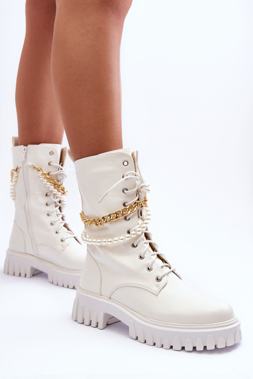 Leather High Top Sneakers with a Chain White Nameer