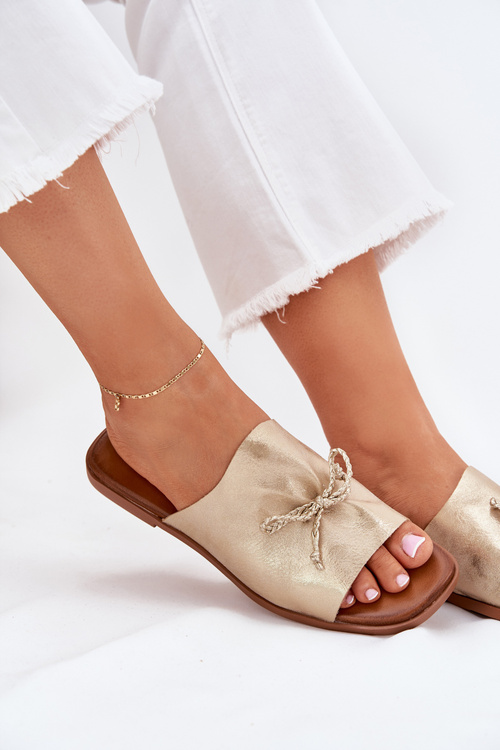 Damskie Klapki Eko Skórzane Płaskie Ozdobne Wiązanie Złote Norela