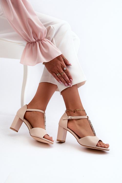 Women's Sandals with Stiletto Heel and Decorative Eco Leather Strap Beige Triavera