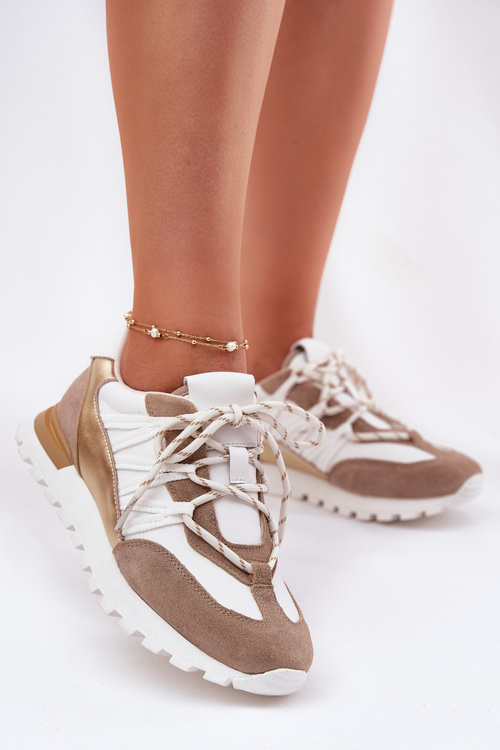 Sneakersy Półbuty Damskie Skórzane Beżowo-Złote Artiker 56C1738