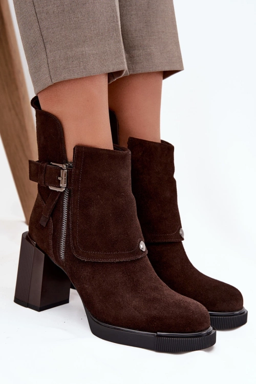 Ankle boots made of natural suede on a block heel with a buckle Vinceza 91152 chocolate