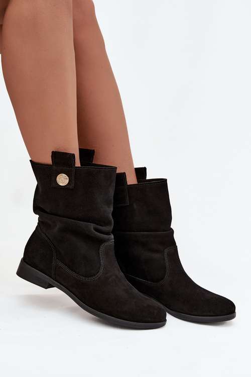 Leather Suede Women's Ankle Boots with Gathering Insulated Zazoo 4210 Black