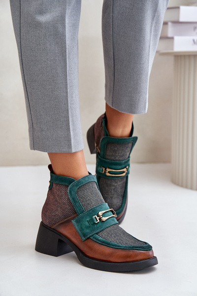 Leather Women's Boots On Chunky Heel With Ornament Maciejka 06747-29 Brown-Green