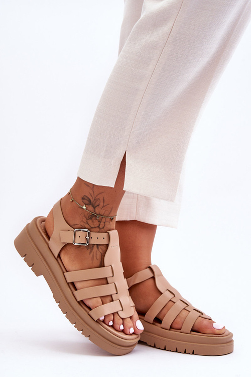 Leather Flat Sandals with Straps Beige Diosa