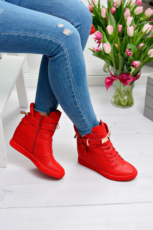 Women's Red Sneakers Gold Padlock Anchor Hudgens