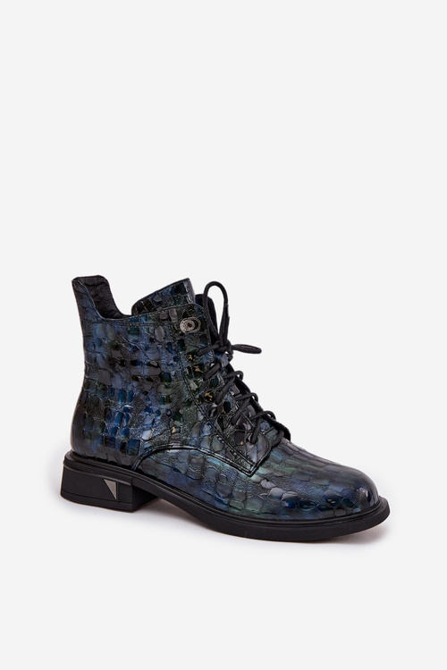 Damskie Botki Z Lakierowanej Naturalnej Skóry Granatowe D&A LZ52-962