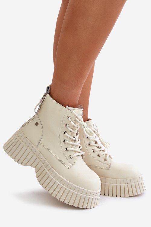 Botki Trapery Skóra Naturalna Ocieplane Masywna Podeszwa Jasnobeżowe GOE OO2N4127