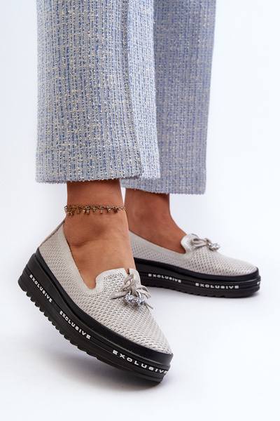 Shiny Women's Leather Loafers on Platform S.Barski LR400 Silver