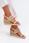 Ażurowe Damskie Sandały Na Koturnie Z Plecionką Beżowe Zolira