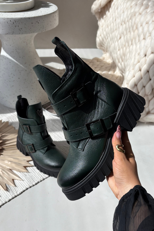 Leather Insulated Women's Boots With Buckles And Decorative Detail Zazoo 60482 Dark Green