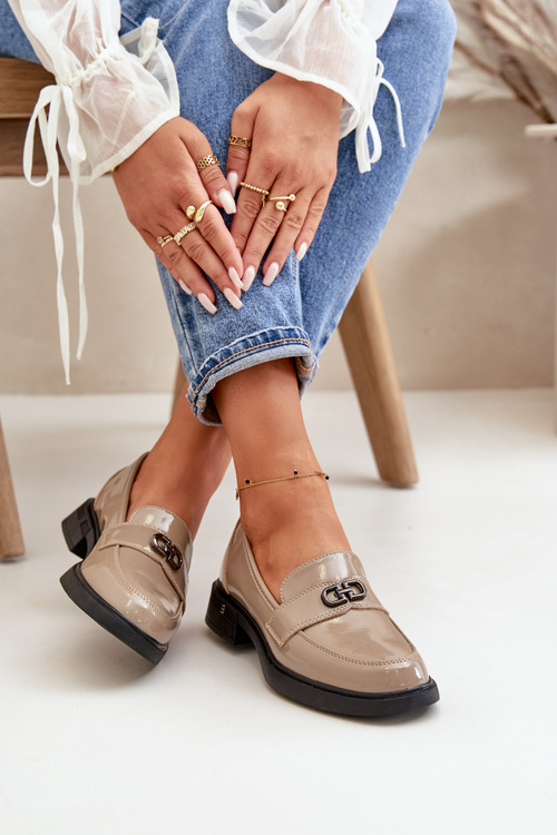 Mokasyny Damskie Skóra Naturalna Lakierowane Vinceza 58409 Khaki