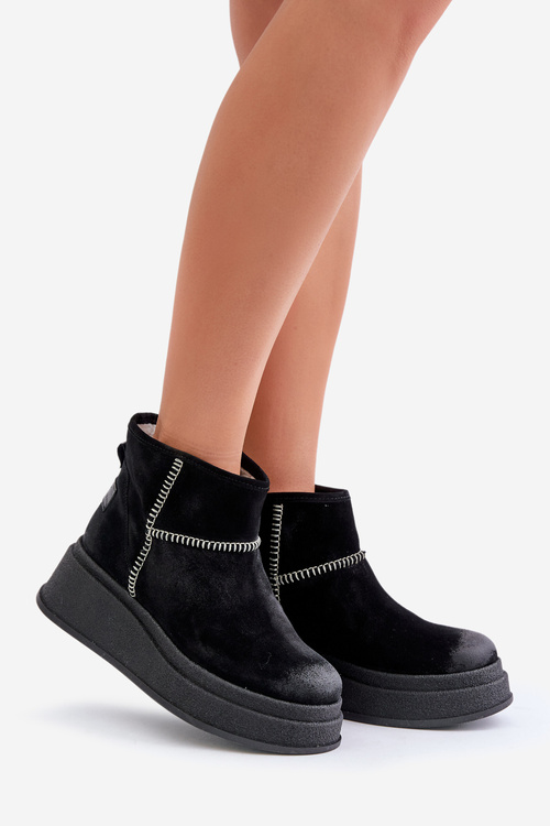 Damskie Śniegowce Botki Skórzane Zamszowe Na Platformie I Koturnie Czarne Maciejka 06769-01