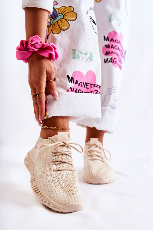Buty Sportowe Sneakersy Damskie Materiałowe Jasnobeżowe Storia
