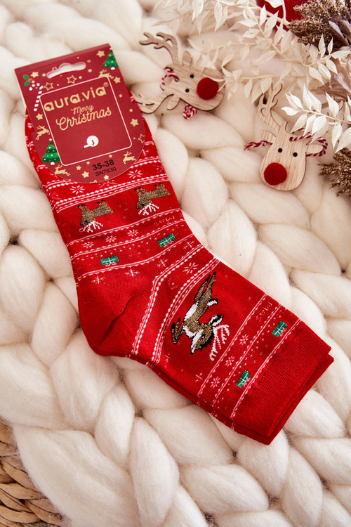 Women's Cotton Christmas Socks reindeer Red