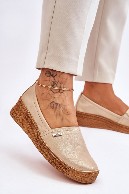 Espadryle Damskie Skóra Koturn Beżowo-Złote Lemar Hadlee