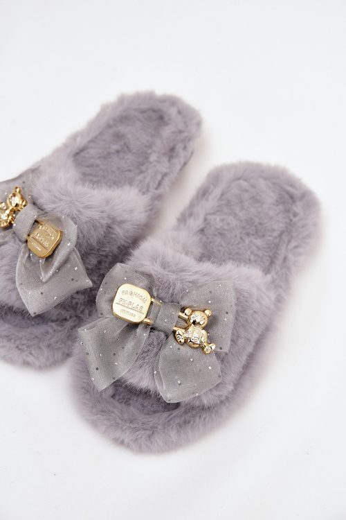 Furry Women's Slippers With Bow And Gold Embellishment Gray Nolara