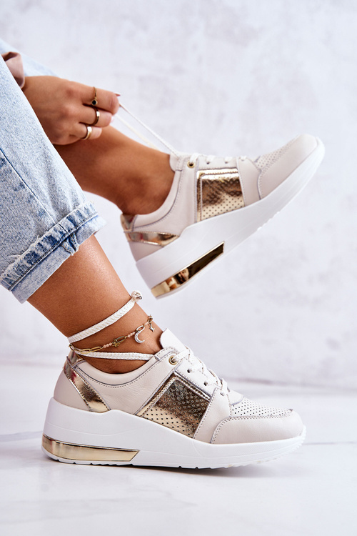 Women's Leather Sport Shoes On a Wedge Beige and White Larson